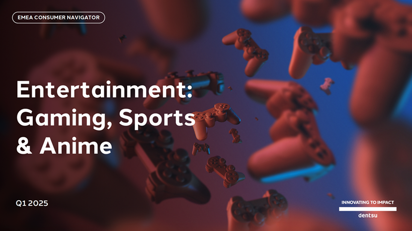 Front cover of the Entertainment: Gaming Sports & Anime report. It has a grey background with the title on the left and side and a picture of a young woman dressed as an elf on the right